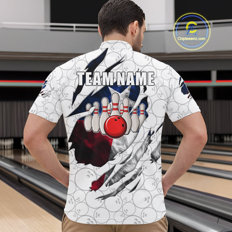Custom Smoke Texas Flag White Bowling Shirts, Patriotic Bowling Team Jersey Polo & 1/4 Zip
