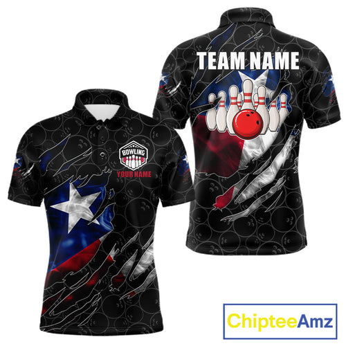 Custom Smoke Texas Flag Black Bowling Shirts, Patriotic Bowling Team Jersey Polo & 1/4 Zip
