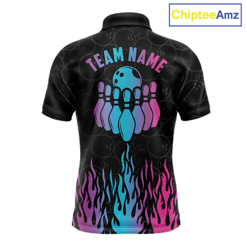 Personalized Fire Flame Neon Bowling Shirts, Funny Bowling Team Jersey Polo & 1/4 Zip