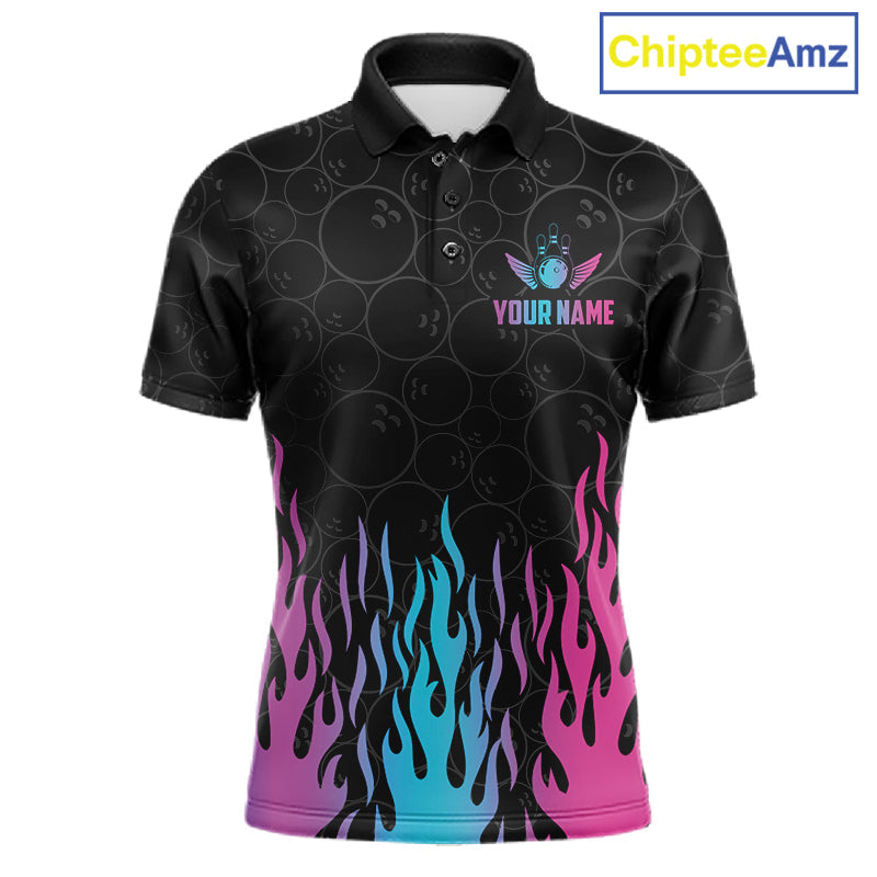 Personalized Fire Flame Neon Bowling Shirts, Funny Bowling Team Jersey Polo & 1/4 Zip