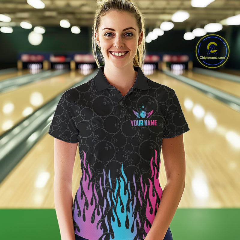 Personalized Fire Flame Neon Bowling Shirts, Funny Bowling Team Jersey Polo & 1/4 Zip