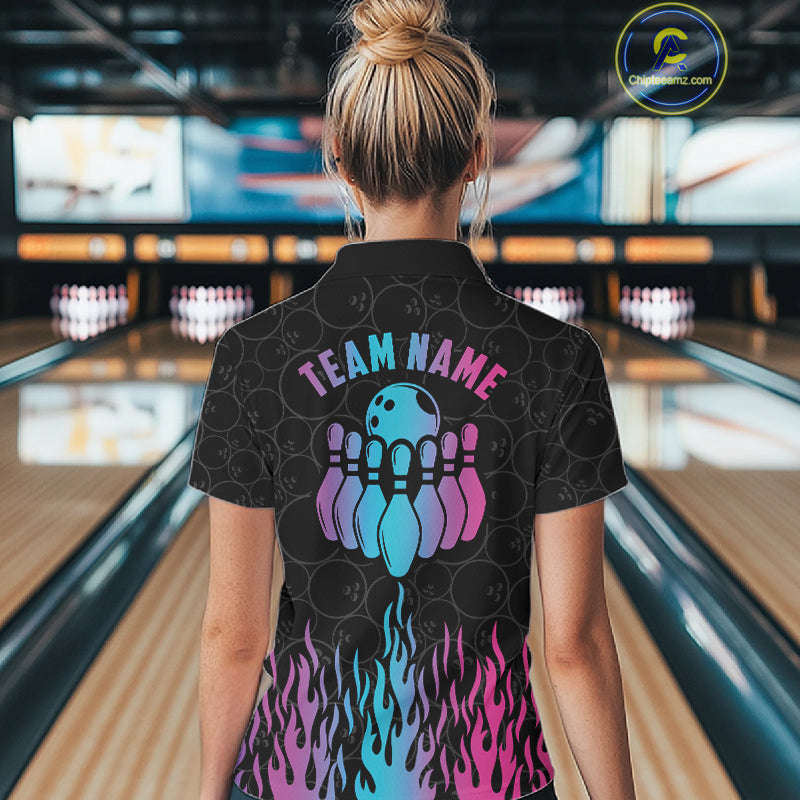 Personalized Fire Flame Neon Bowling Shirts, Funny Bowling Team Jersey Polo & 1/4 Zip
