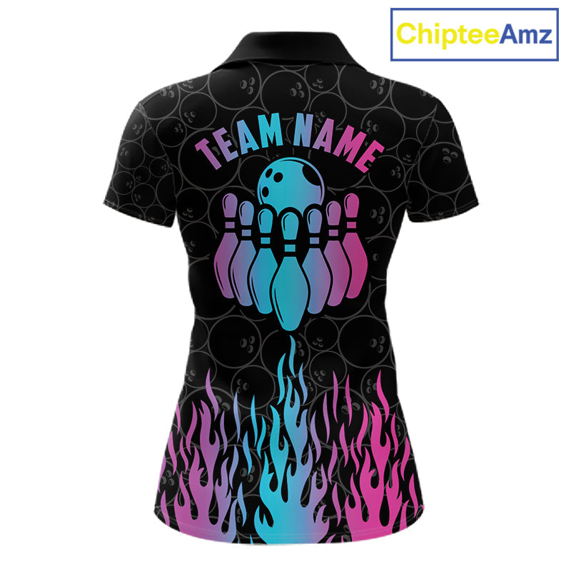 Personalized Fire Flame Neon Bowling Shirts, Funny Bowling Team Jersey Polo & 1/4 Zip