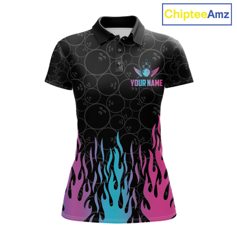 Personalized Fire Flame Neon Bowling Shirts, Funny Bowling Team Jersey Polo & 1/4 Zip
