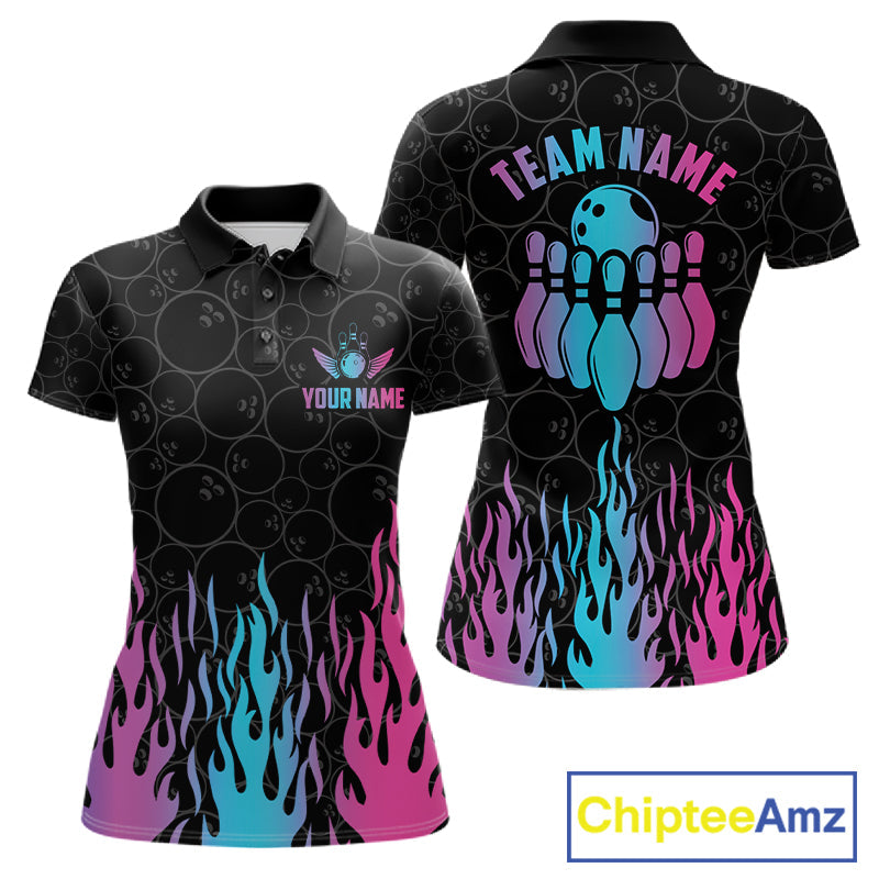 Personalized Fire Flame Neon Bowling Shirts, Funny Bowling Team Jersey Polo & 1/4 Zip