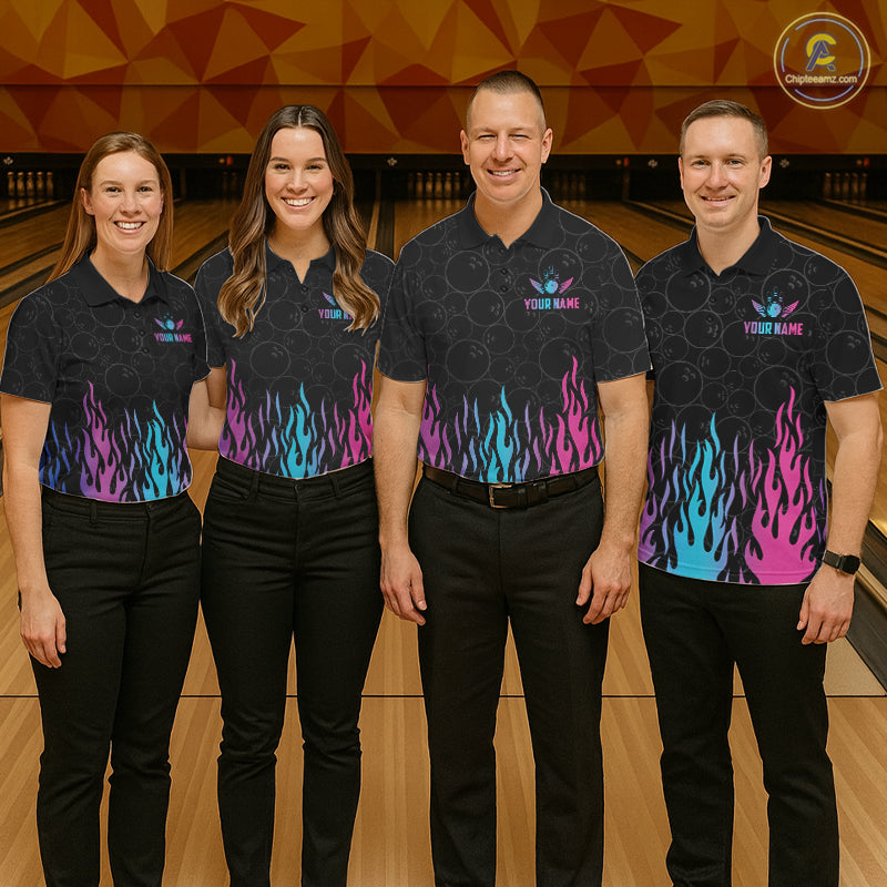 Personalized Fire Flame Neon Bowling Shirts, Funny Bowling Team Jersey Polo & 1/4 Zip
