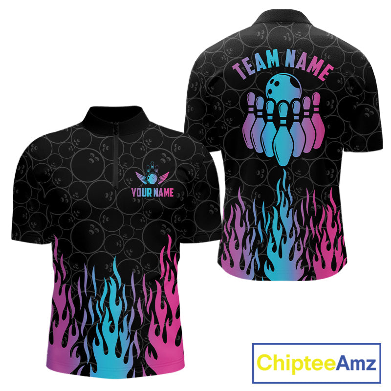 Personalized Fire Flame Neon Bowling Shirts, Funny Bowling Team Jersey Polo & 1/4 Zip