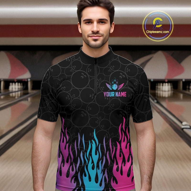 Personalized Fire Flame Neon Bowling Shirts, Funny Bowling Team Jersey Polo & 1/4 Zip