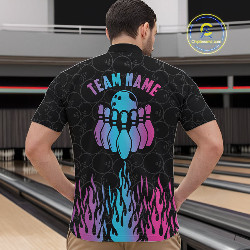 Personalized Fire Flame Neon Bowling Shirts, Funny Bowling Team Jersey Polo & 1/4 Zip