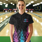 Personalized Fire Flame Neon Bowling Shirts, Funny Bowling Team Jersey Polo & 1/4 Zip