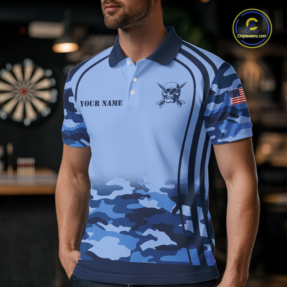 Vintage Blue Camo Darts Polo & Quarter Zip Custom Dart Shirts, Camouflage Dart Team Jersey