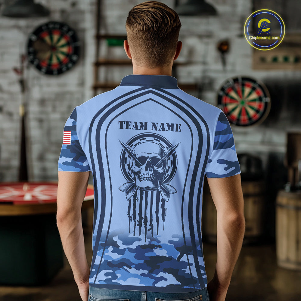 Vintage Blue Camo Darts Polo & Quarter Zip Custom Dart Shirts, Camouflage Dart Team Jersey