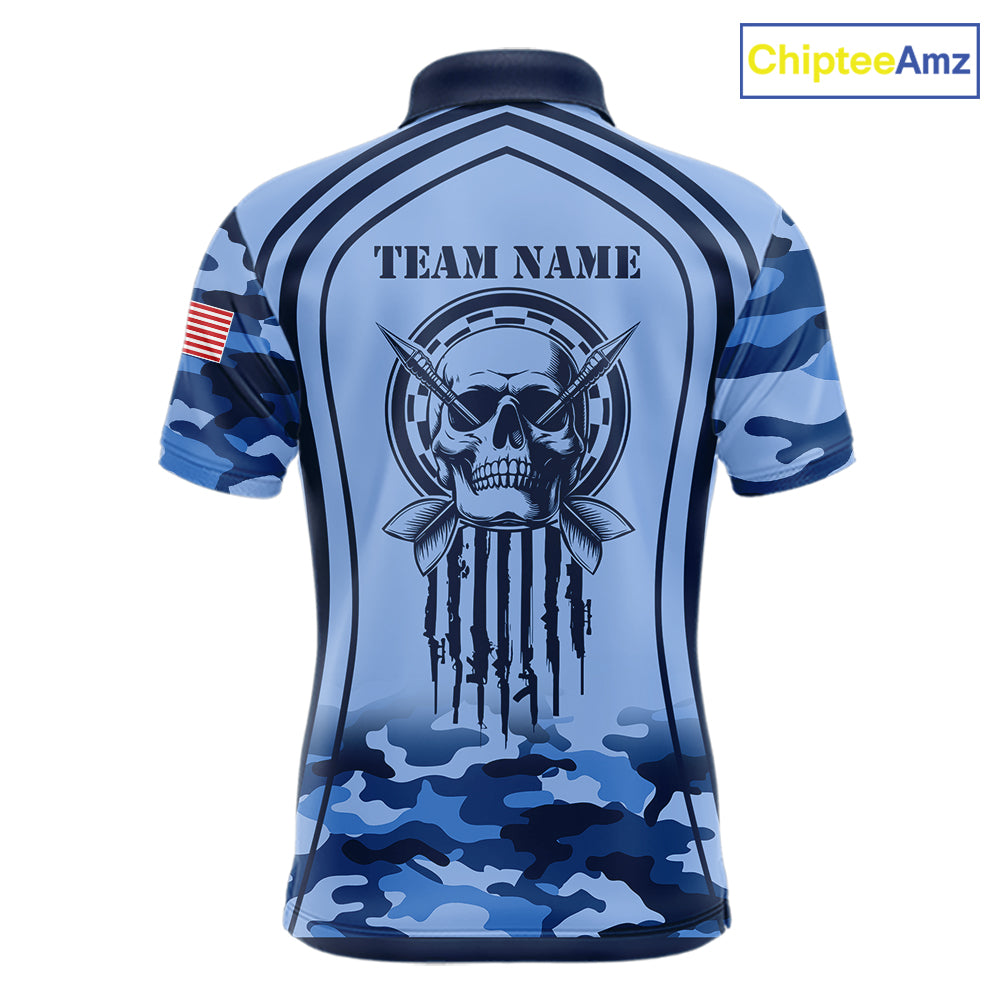 Vintage Blue Camo Darts Polo & Quarter Zip Custom Dart Shirts, Camouflage Dart Team Jersey