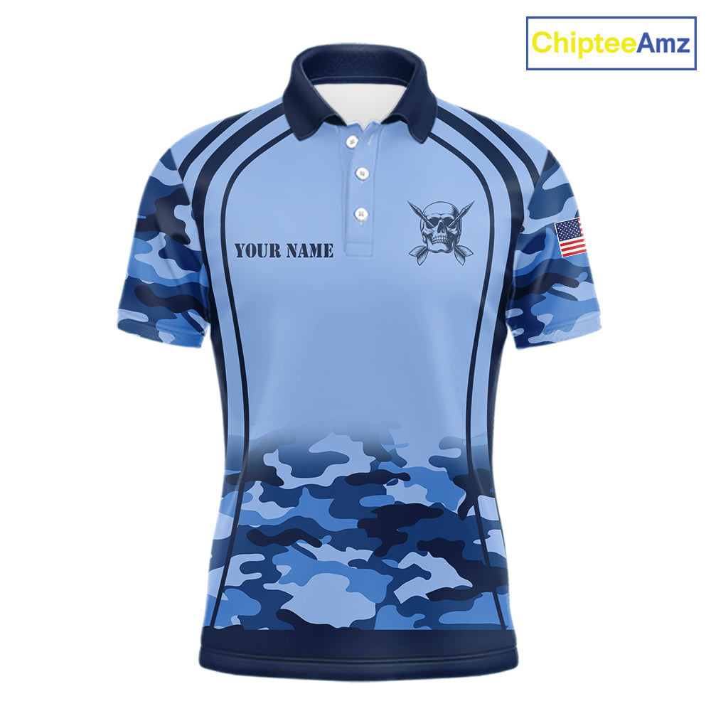 Vintage Blue Camo Darts Polo & Quarter Zip Custom Dart Shirts, Camouflage Dart Team Jersey