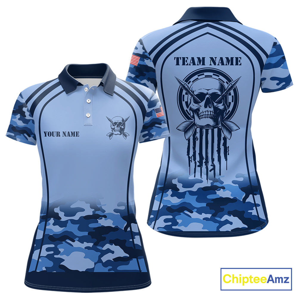 Vintage Blue Camo Darts Polo & Quarter Zip Custom Dart Shirts, Camouflage Dart Team Jersey