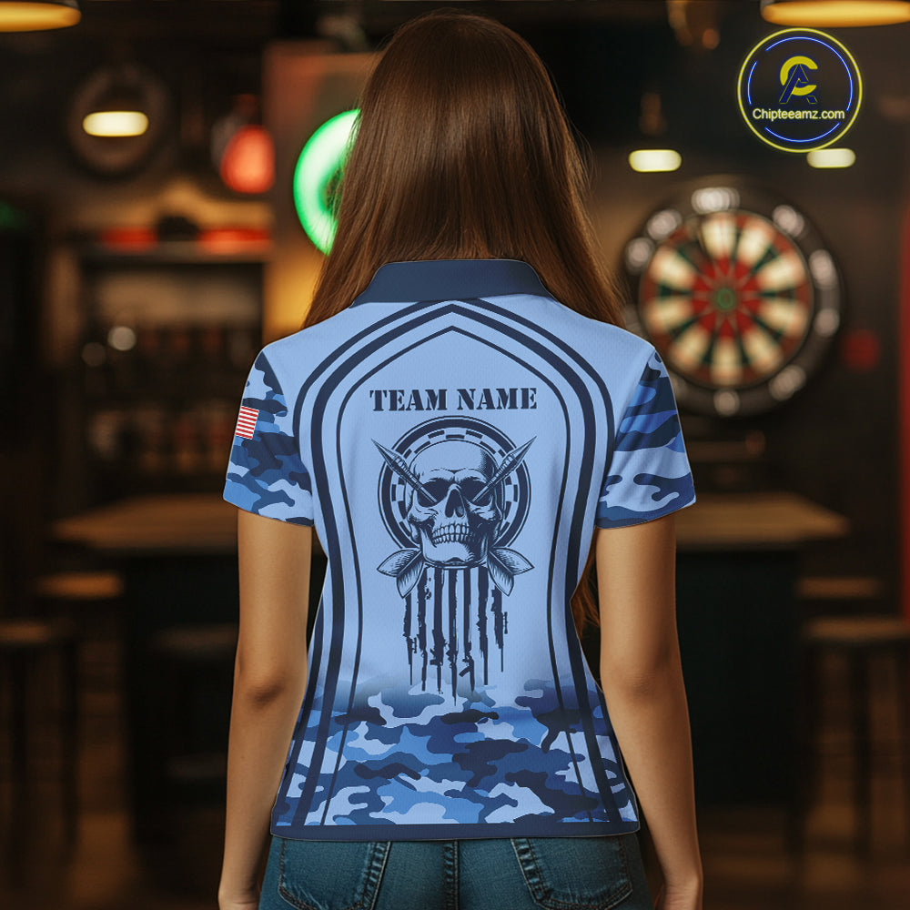 Vintage Blue Camo Darts Polo & Quarter Zip Custom Dart Shirts, Camouflage Dart Team Jersey