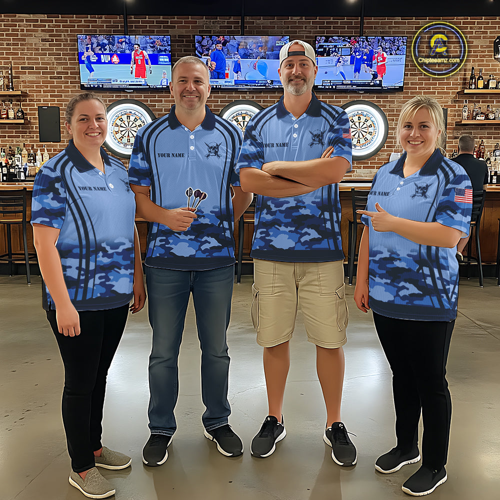 Vintage Blue Camo Darts Polo & Quarter Zip Custom Dart Shirts, Camouflage Dart Team Jersey