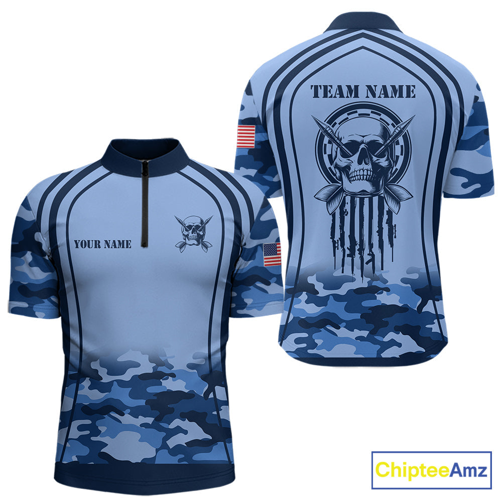 Vintage Blue Camo Darts Polo & Quarter Zip Custom Dart Shirts, Camouflage Dart Team Jersey