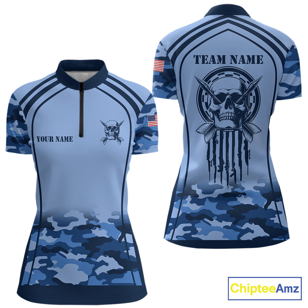 Vintage Blue Camo Darts Polo & Quarter Zip Custom Dart Shirts, Camouflage Dart Team Jersey