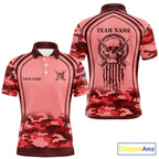 Vintage Red Camo Darts Polo, Quarter Zip Custom Dart Shirts, Camouflage Dart Team Jersey