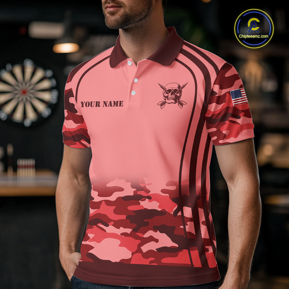 Vintage Red Camo Darts Polo, Quarter Zip Custom Dart Shirts, Camouflage Dart Team Jersey