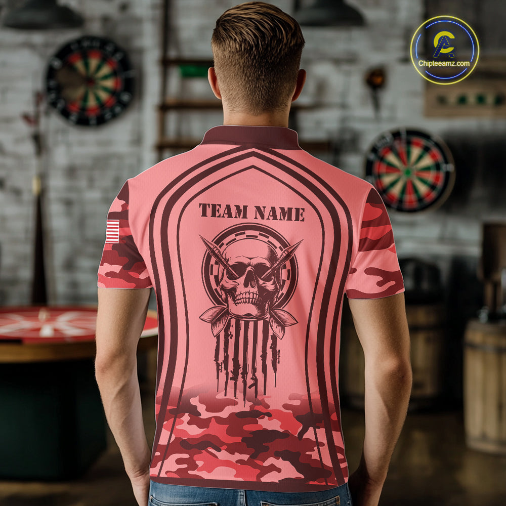 Vintage Red Camo Darts Polo, Quarter Zip Custom Dart Shirts, Camouflage Dart Team Jersey