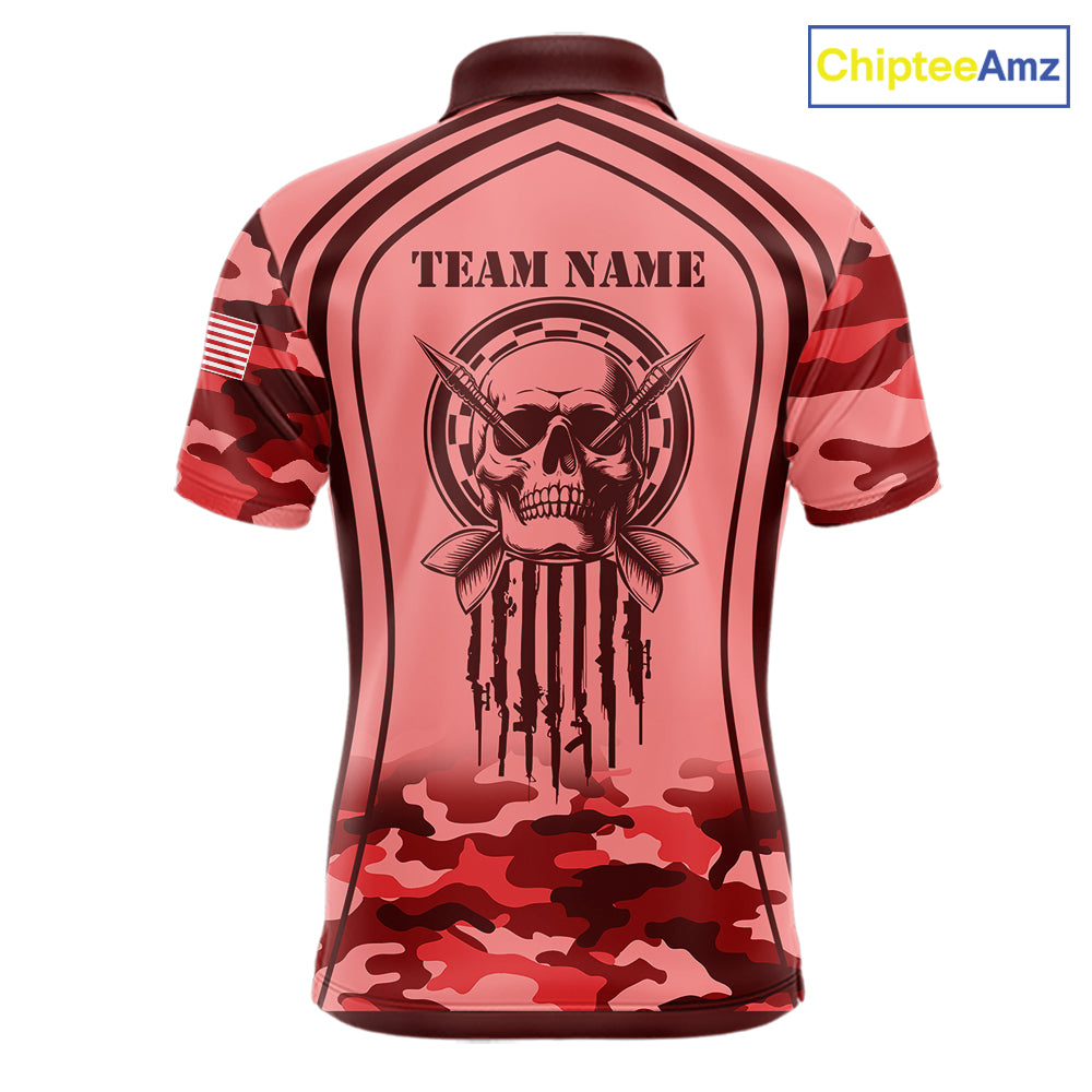 Vintage Red Camo Darts Polo, Quarter Zip Custom Dart Shirts, Camouflage Dart Team Jersey