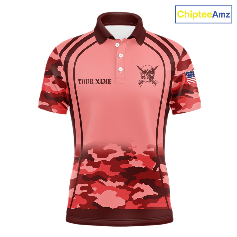 Vintage Red Camo Darts Polo, Quarter Zip Custom Dart Shirts, Camouflage Dart Team Jersey