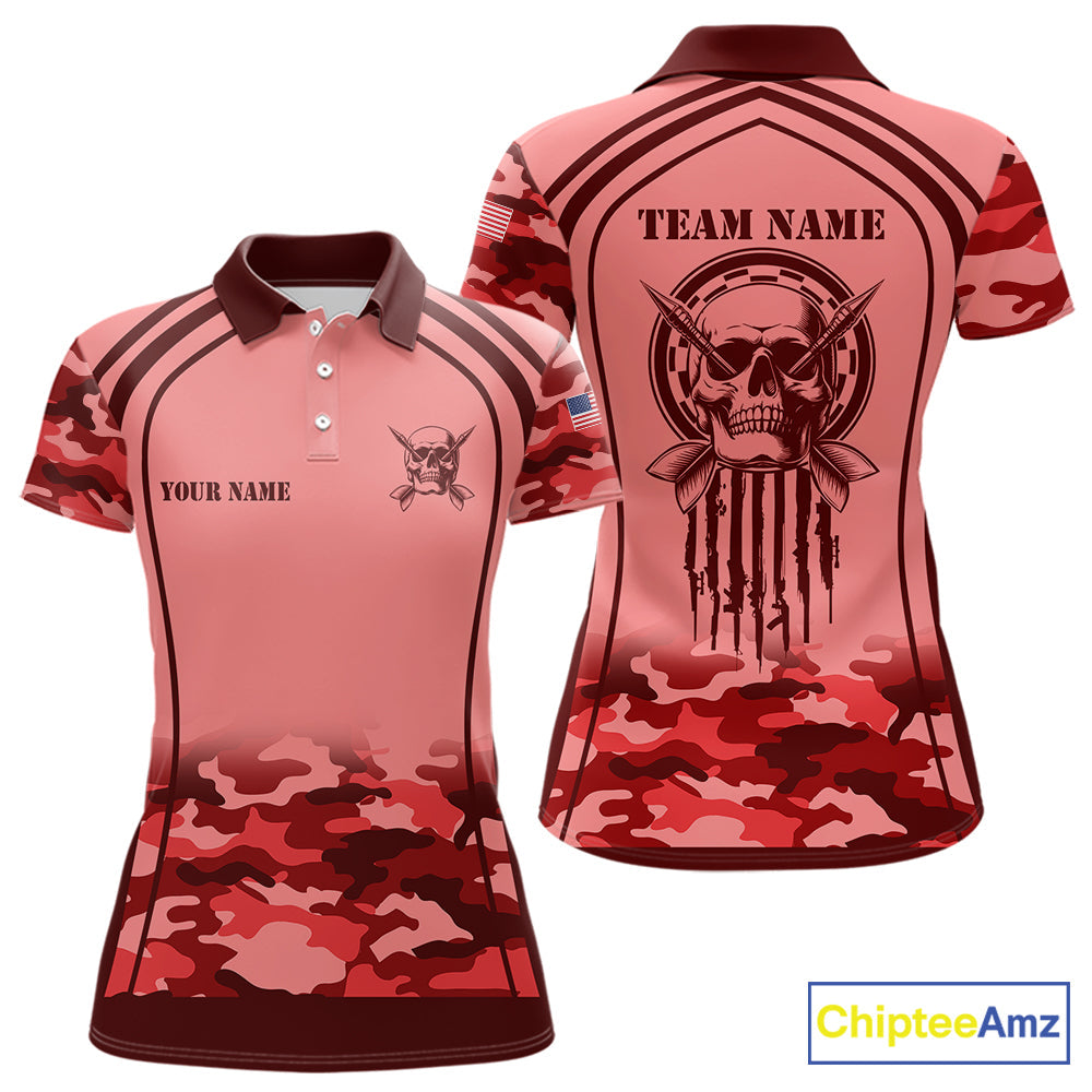 Vintage Red Camo Darts Polo, Quarter Zip Custom Dart Shirts, Camouflage Dart Team Jersey