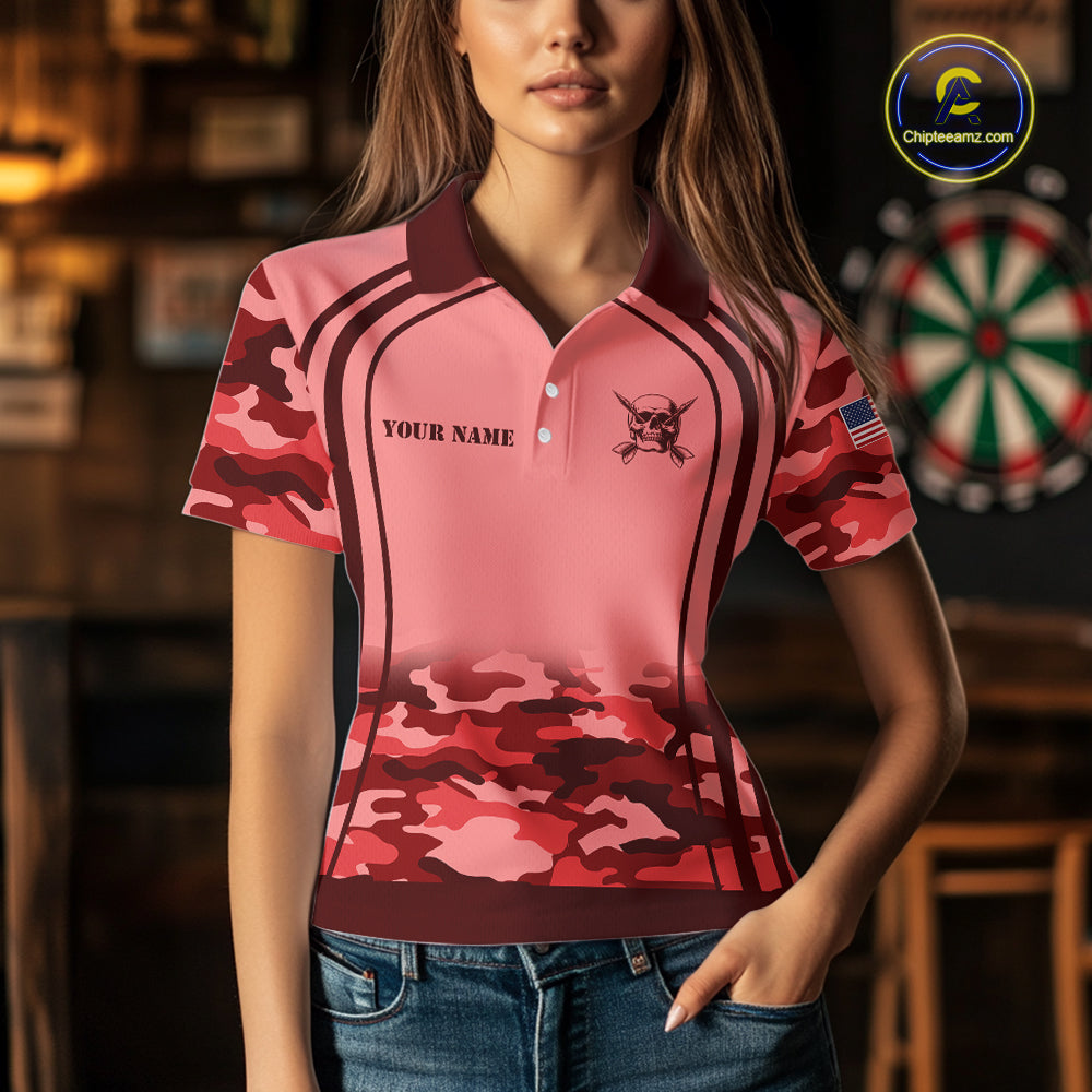 Vintage Red Camo Darts Polo, Quarter Zip Custom Dart Shirts, Camouflage Dart Team Jersey