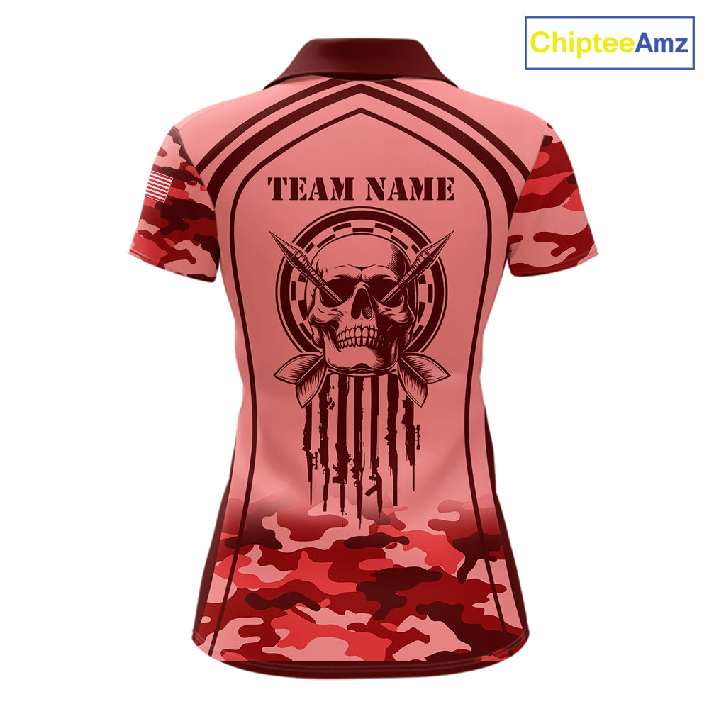 Vintage Red Camo Darts Polo, Quarter Zip Custom Dart Shirts, Camouflage Dart Team Jersey