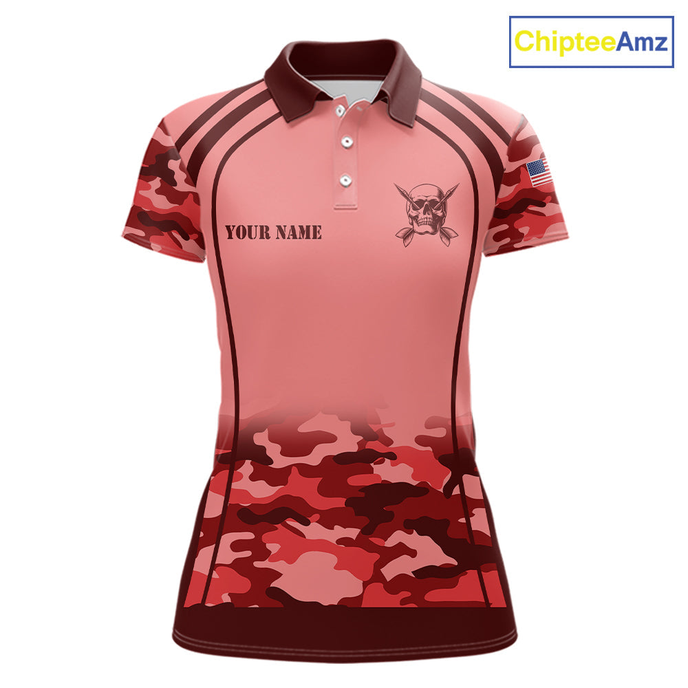 Vintage Red Camo Darts Polo, Quarter Zip Custom Dart Shirts, Camouflage Dart Team Jersey