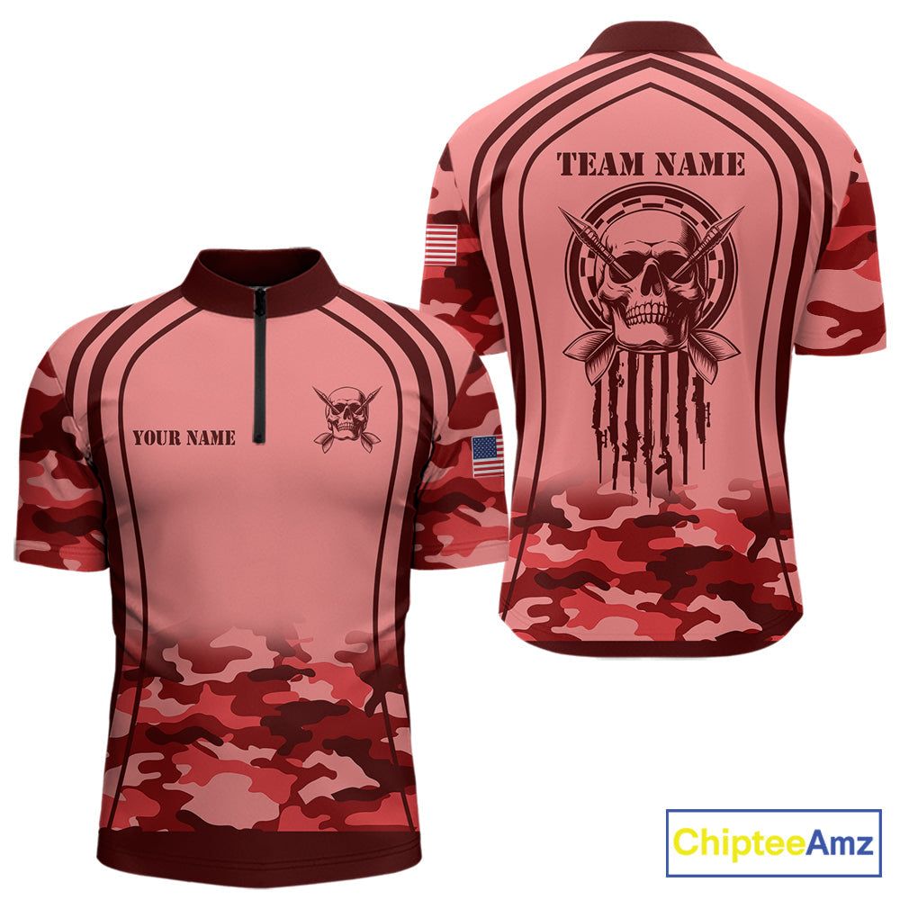 Vintage Red Camo Darts Polo, Quarter Zip Custom Dart Shirts, Camouflage Dart Team Jersey