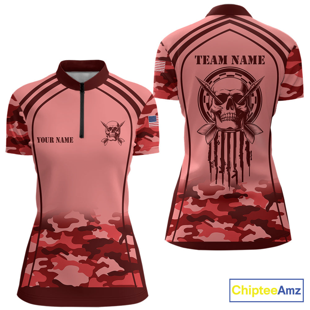 Vintage Red Camo Darts Polo, Quarter Zip Custom Dart Shirts, Camouflage Dart Team Jersey
