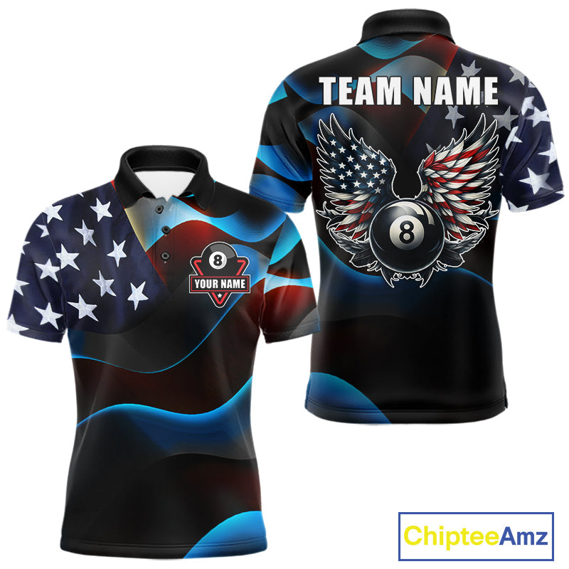 Personalized American Flag 8 Ball Wings Billiard Shirts Custom Patriotic Pool Team Jersey