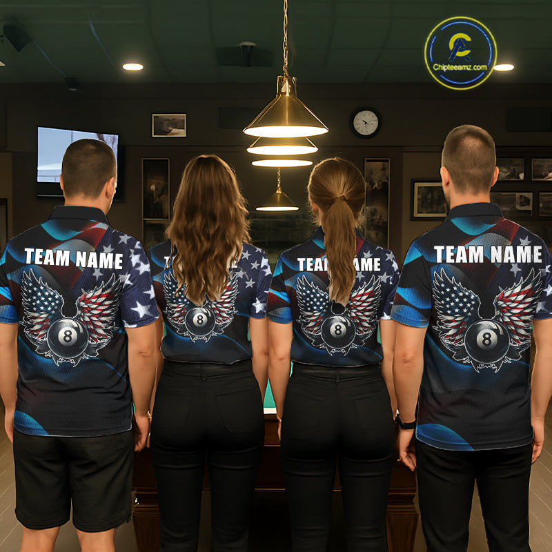 Personalized American Flag 8 Ball Wings Billiard Shirts Custom Patriotic Pool Team Jersey