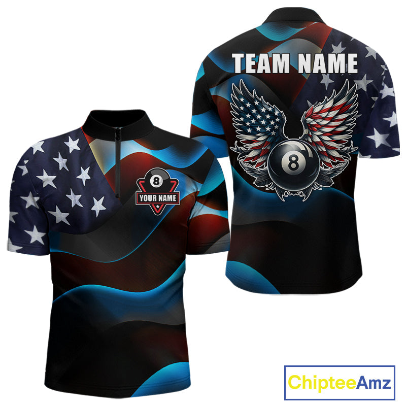 Personalized American Flag 8 Ball Wings Billiard Shirts Custom Patriotic Pool Team Jersey
