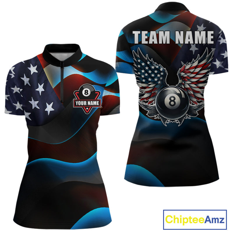 Personalized American Flag 8 Ball Wings Billiard Shirts Custom Patriotic Pool Team Jersey