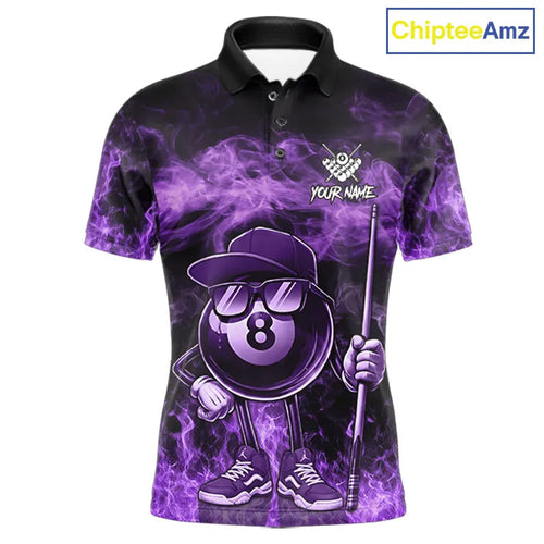 Purple Funny 8 Ball Pool Flame Smoke Billiard Shirt Custom Billiard Team Jersey Uniform