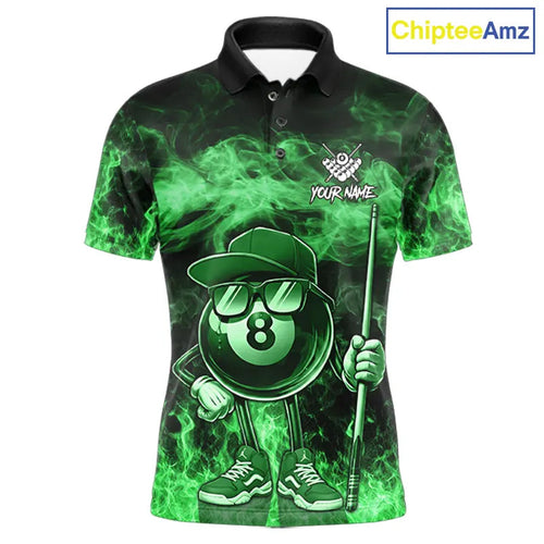 Green Funny 8 Ball Pool Flame Smoke Billiard Shirt Custom Billiard Team Jersey Uniform