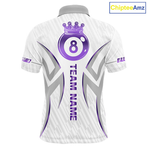 White And Purple Custom Crown 8 Ball 's Billiards Shirts, Billiard Jersey Team Polo & 1/4 Zip