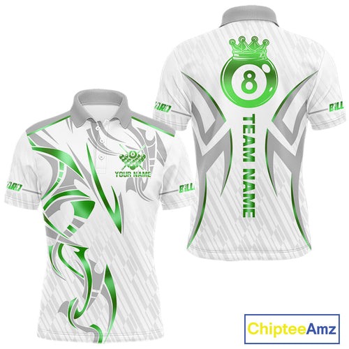 White And Green Custom Crown 8 Ball 's Billiards Shirts, Billiard Jersey Team Polo & 1/4 Zip