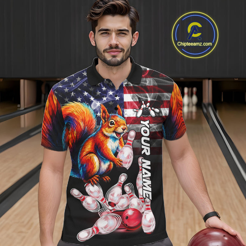 Smoke American Flag Squirrel Bowling Polo, 1/4 Zip Custom Patriotic Bowling Team Jersey