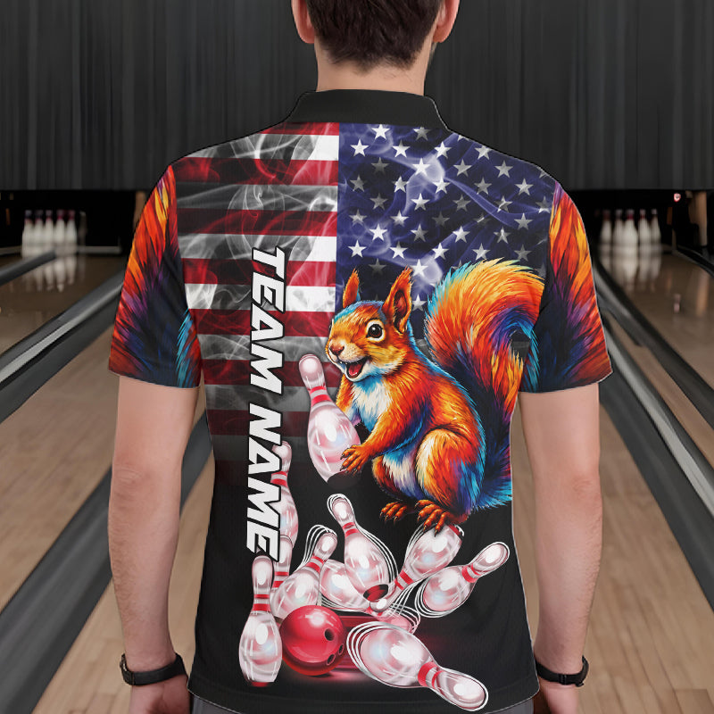 Smoke American Flag Squirrel Bowling Polo, 1/4 Zip Custom Patriotic Bowling Team Jersey