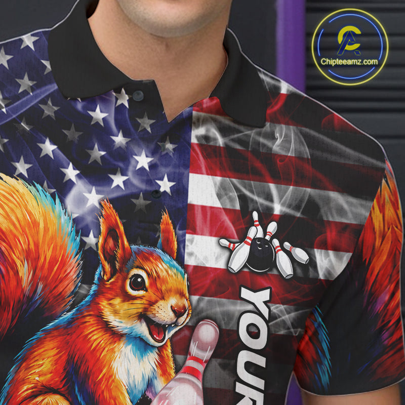 Smoke American Flag Squirrel Bowling Polo, 1/4 Zip Custom Patriotic Bowling Team Jersey