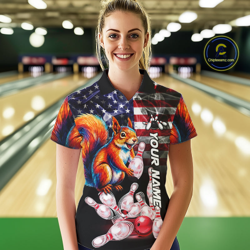 Smoke American Flag Squirrel Bowling Polo, 1/4 Zip Custom Patriotic Bowling Team Jersey