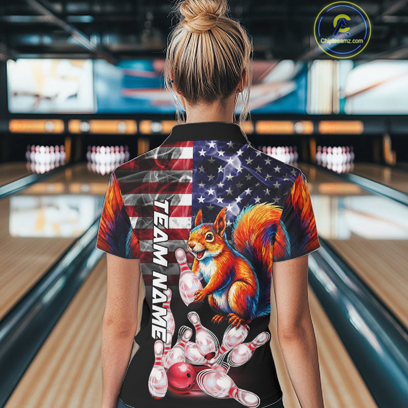 Smoke American Flag Squirrel Bowling Polo, 1/4 Zip Custom Patriotic Bowling Team Jersey