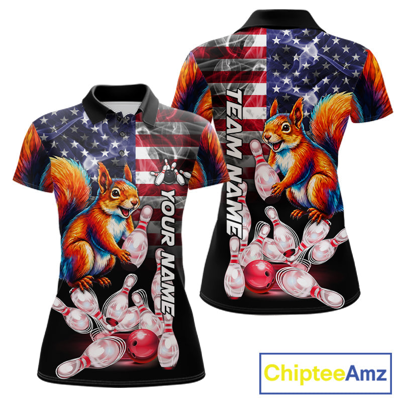 Smoke American Flag Squirrel Bowling Polo, 1/4 Zip Custom Patriotic Bowling Team Jersey