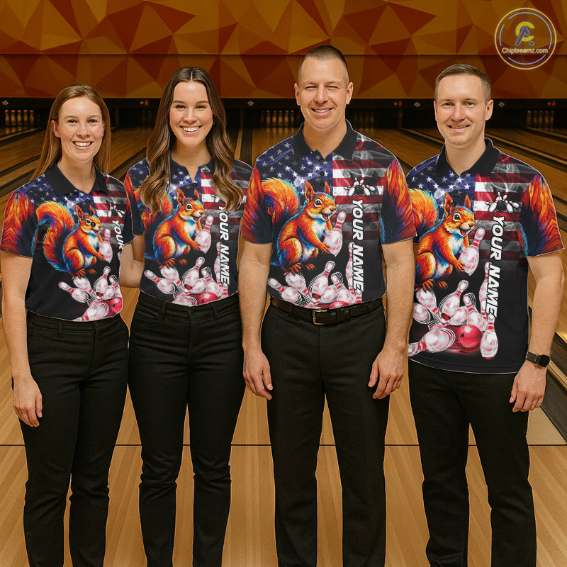 Smoke American Flag Squirrel Bowling Polo, 1/4 Zip Custom Patriotic Bowling Team Jersey
