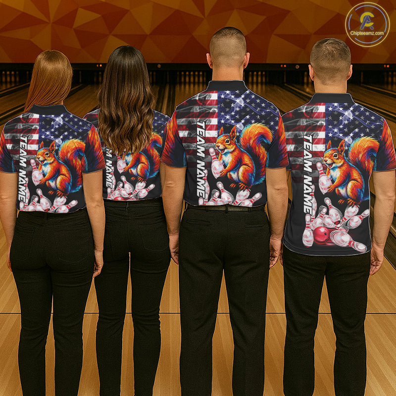 Smoke American Flag Squirrel Bowling Polo, 1/4 Zip Custom Patriotic Bowling Team Jersey
